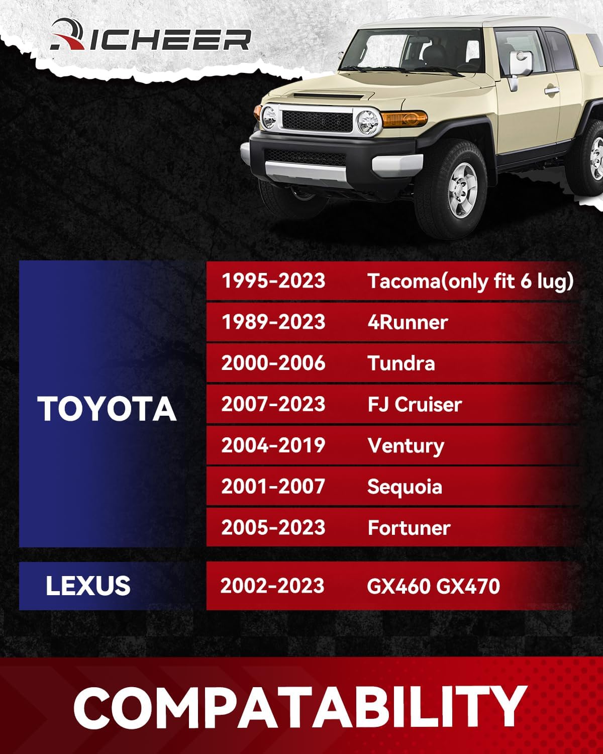 Richeer 1.5'' 6x5.5 Wheel Spacer for 1995-2023 Tacoma with Extend Lug Nuts, 4PCS 6x139.7mm Hub Centric Wheel Spacers with 12x1.5 Studs & 106mm for 4Runner Tundra FJ Cruiser Sequoia GX470 GX460