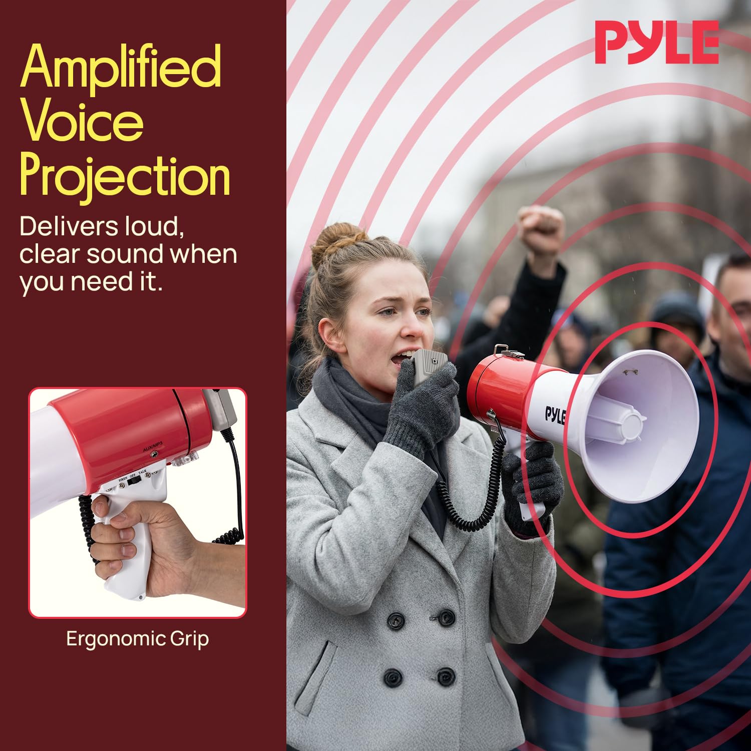 Pyle Altavoz megáfono portátil Bullhorn de 50 W, Sirena de Alarma, Volumen Ajustable hasta 1700 Yardas, Entrada Auxiliar, reproducción USB/TF, Ligero, para Actividades en Interiores y Exteriores