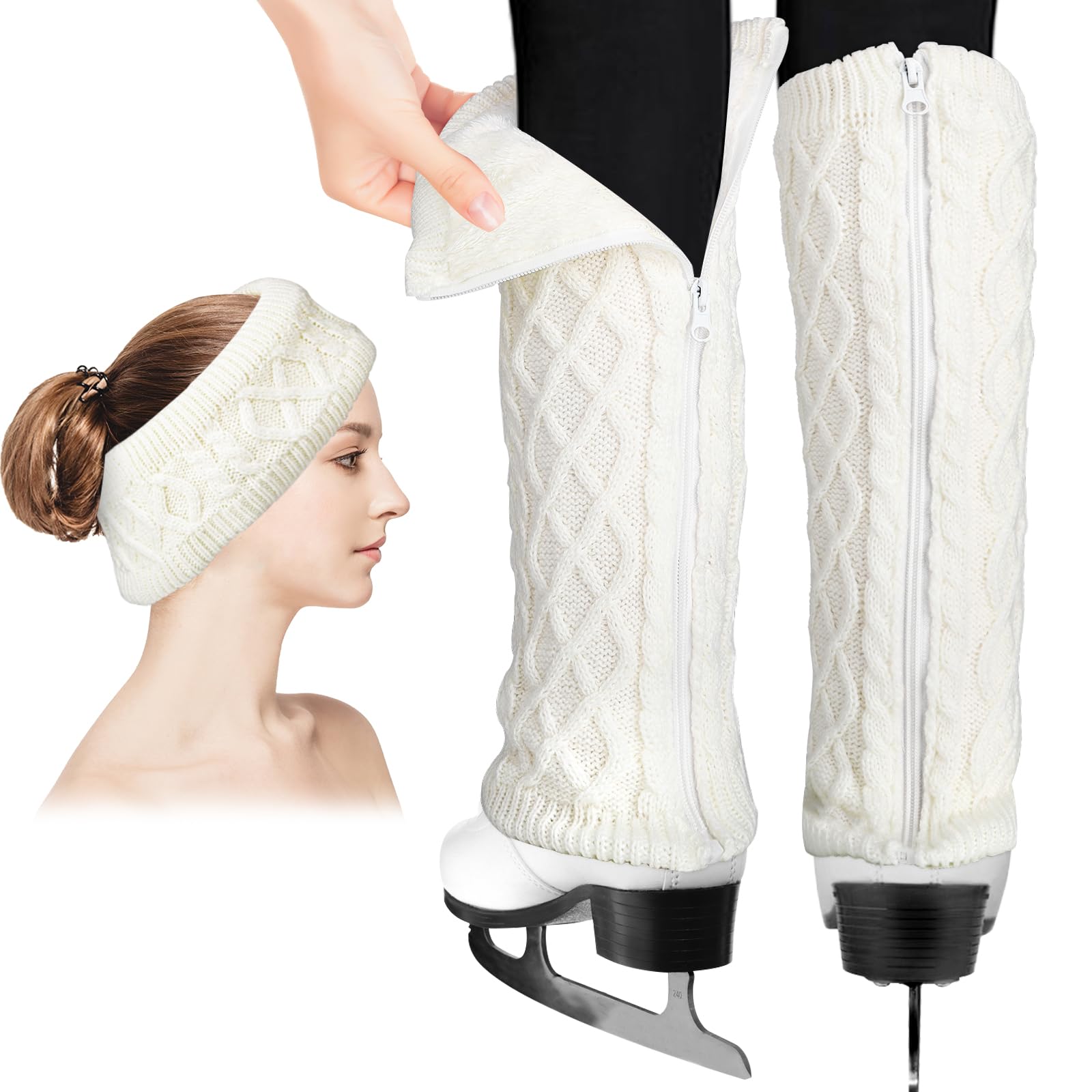 Juego de calentadores de piernas y diadema para patinaje artístico, hockey, patinaje sobre hielo, cálido punto de invierno, forro polar, calentador de piernas y diadema para ballet, danza,