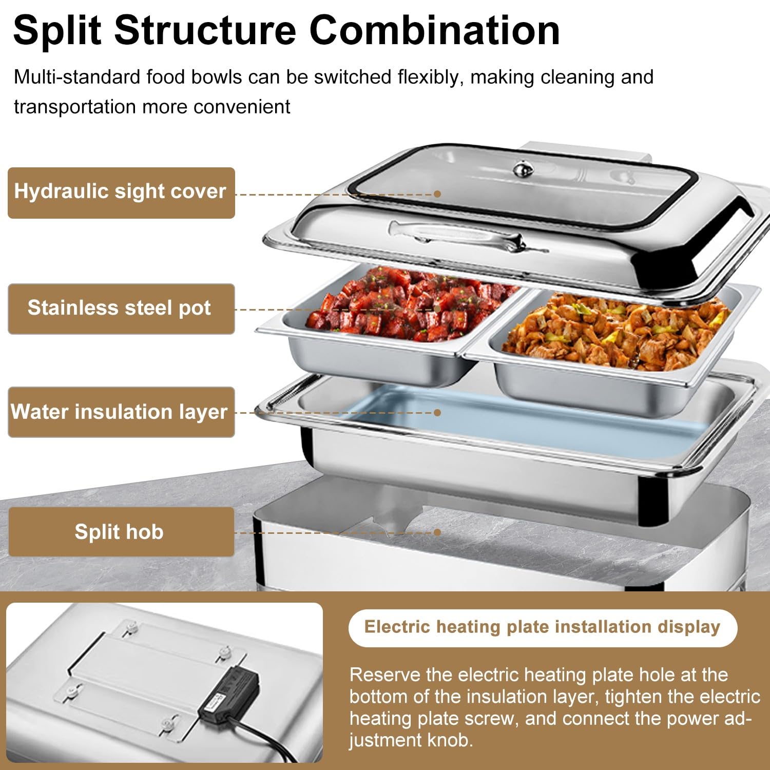 VFDZ 9L Chafing Dish Buffet Electrique, Buffets Chauffants Touche Intelligente, Commerce Chauffe-Plats, Arbre Hydraulique de Haute Qualité + Fenêtre de Visualisation(Size:1/3