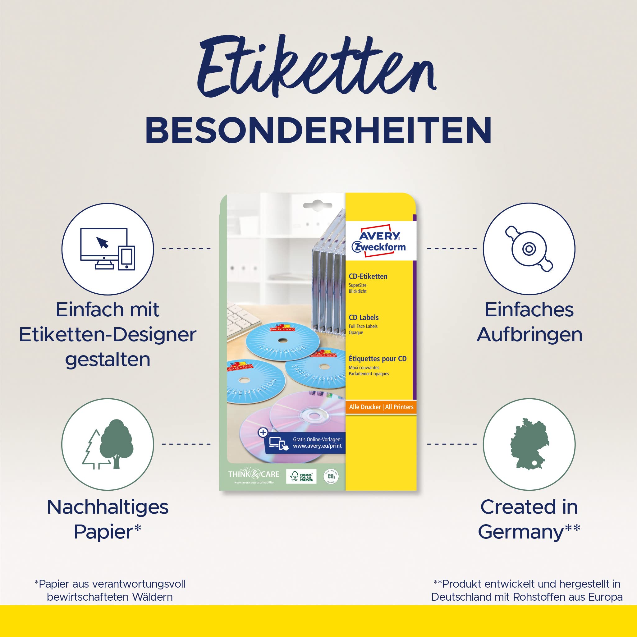 AVERY Zweckform L7676-100 selbstklebende CD-Etiketten 200 blickdichte CD-Aufkleber Ø 117mm A4 Papier matt 100 Blatt weiß