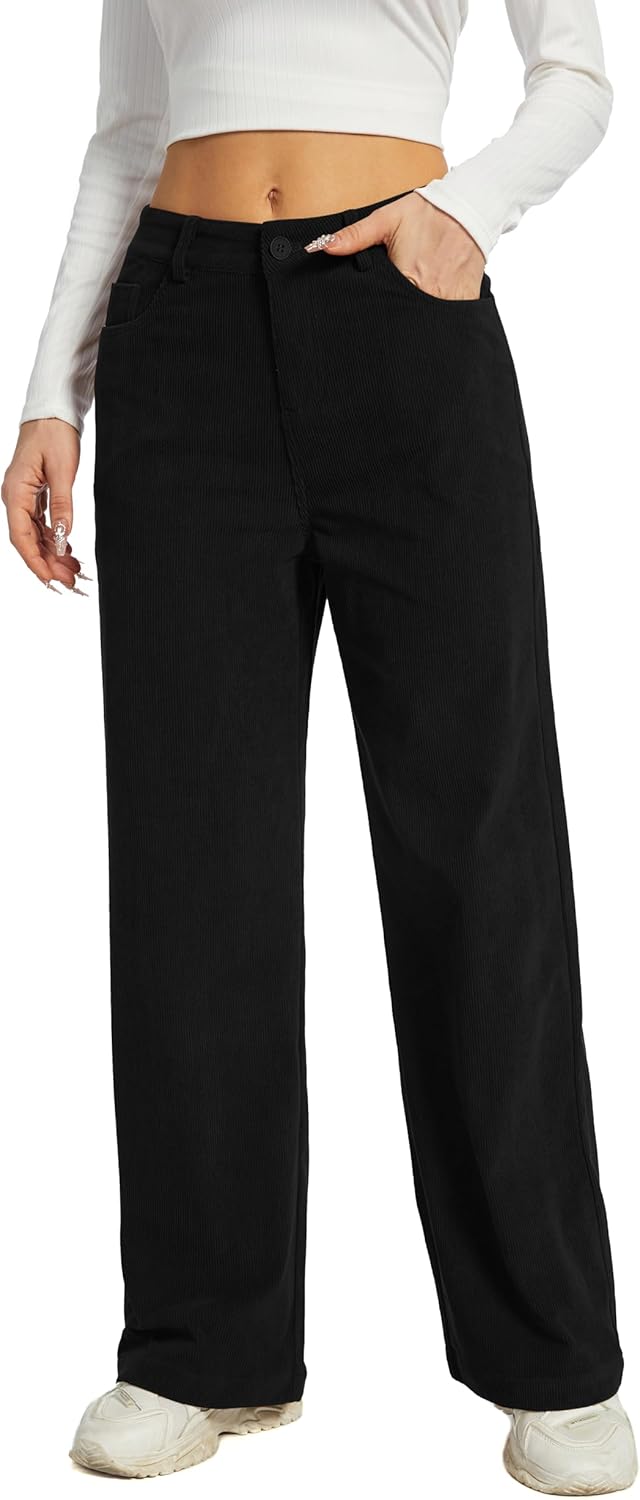 Women's Corduroy Loose Mid Rise Pant Casual Fall Straight Leg Elastic Waist Pants with Pockets - Image 4