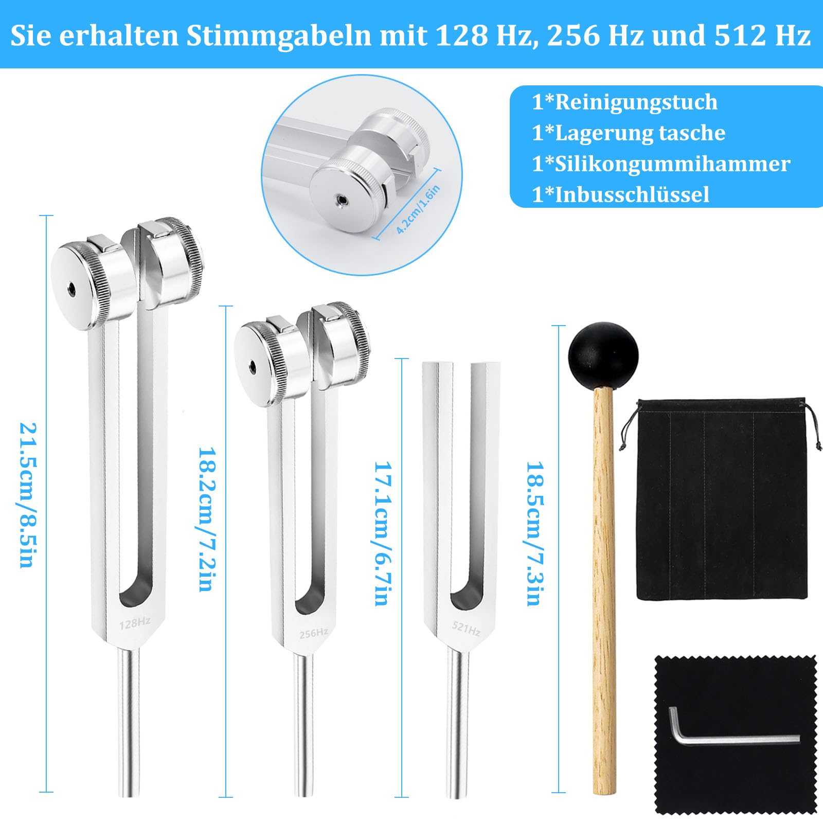 Juego de diapasones de 128 Hz, 256 Hz, 512 Hz, terapia de diapasón, diapasón de aleación de aluminio, respuesta de frecuencia precisa con un martillo de silicona para la terapia, terapia de chakras