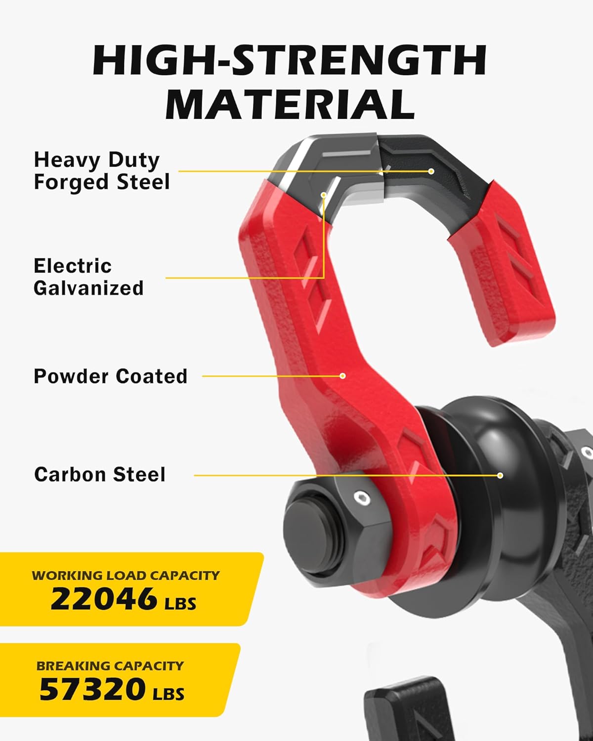 Separate D-Ring Shackle with Pulley Block, Towing Winch Snatch Block & 3/4" Separate D-Ring Shackle 2in1 Set, 57320lbs(26T) Breaking Strength, for Recovery, BlackRed - Image 7