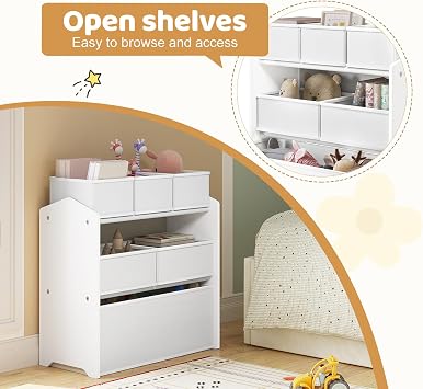 Lestarain Kids Storage Unit with 9 Toy Boxes - Kids Toy Organiser for Playroom & Bedroom, White, MDF+Fabric, 92x30x60/68cm