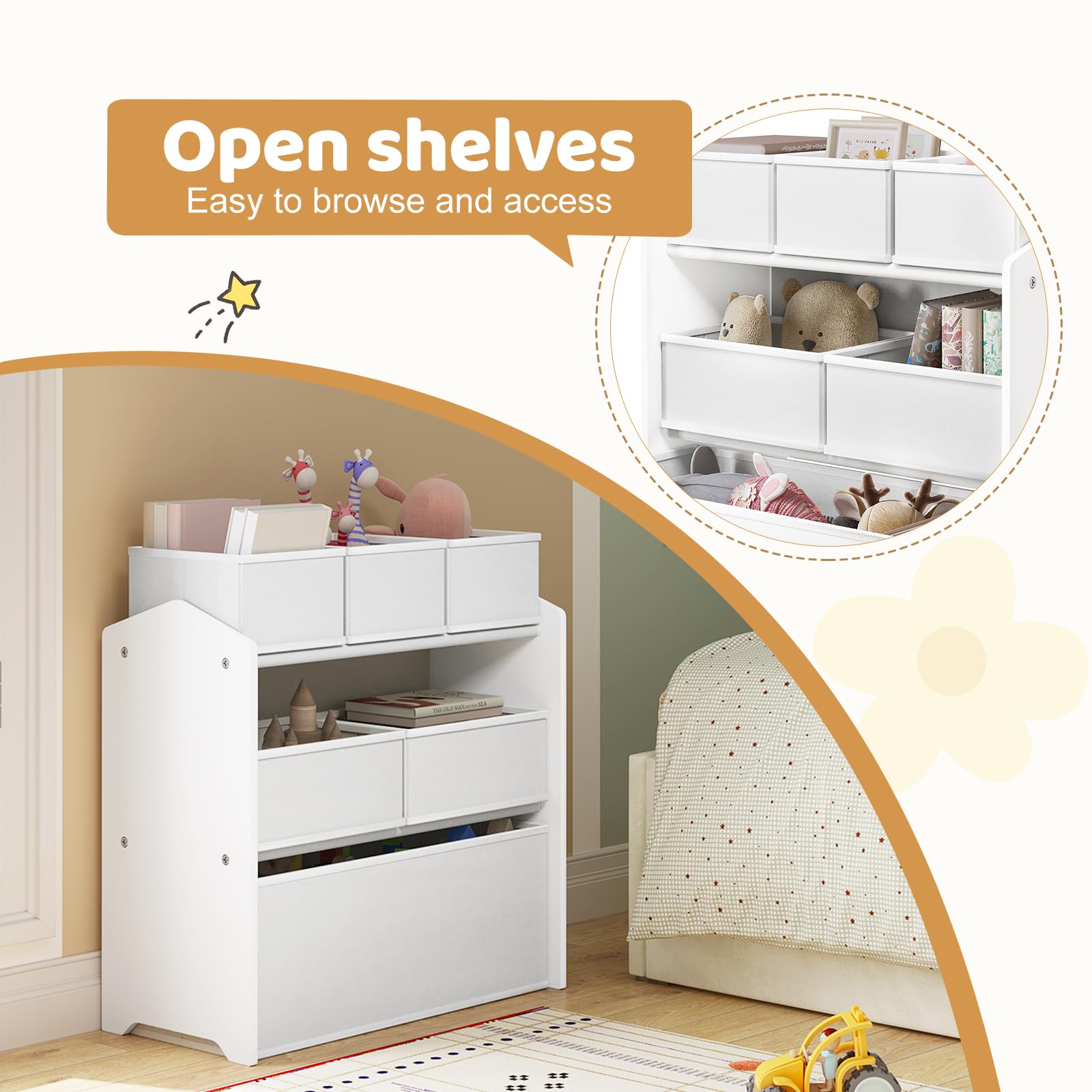 Lestarain Kinderregal mit 9 Aufbewahrungsboxen, Spielzeugregal, Regal Kinderzimmer Spielzimmer, Kinderregal, 92x60x30 cm, Weiß