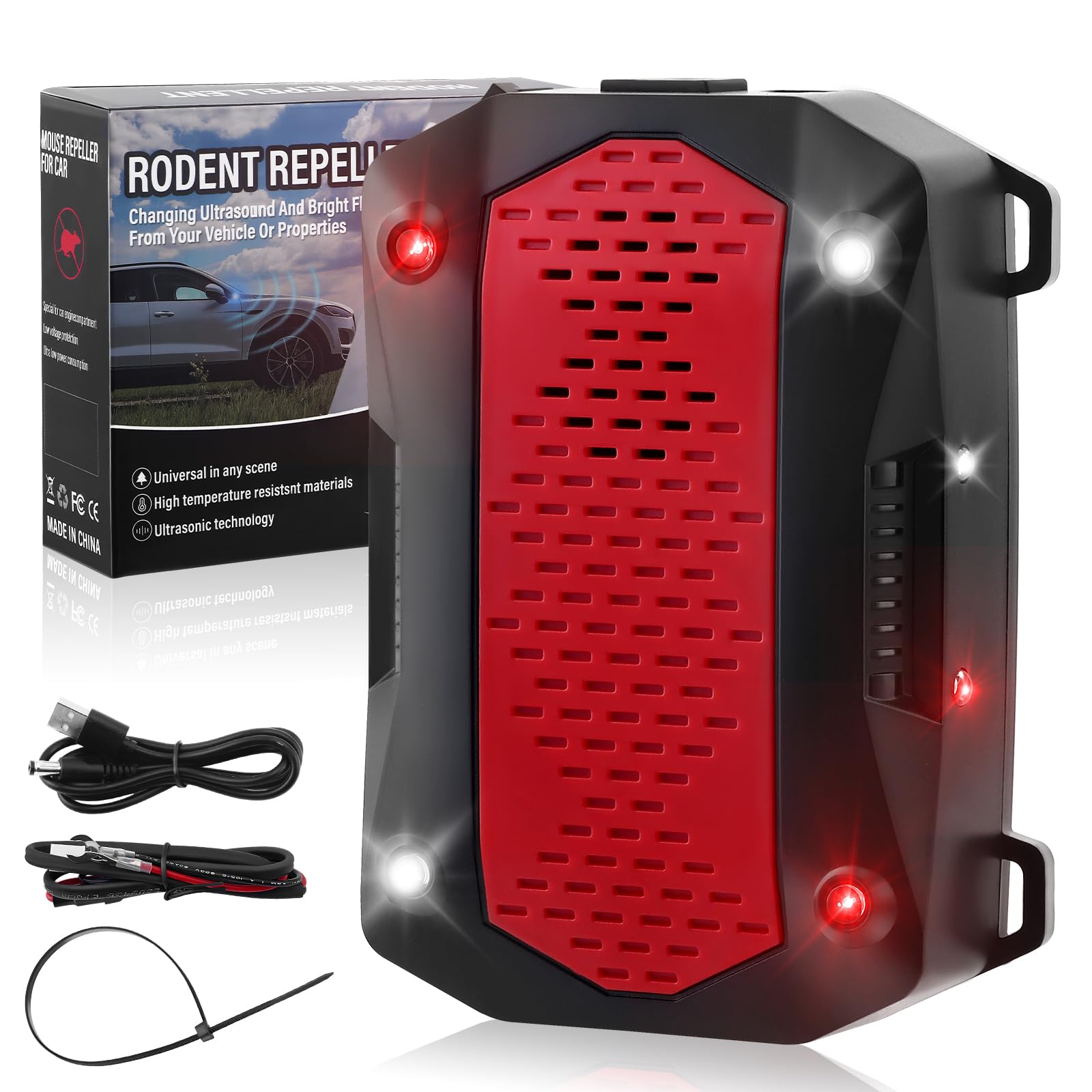Anti Rongeur Voiture Anti Martre Voiture, Répulsif Ultrasons à Flash LED, 3 Modes d'alimentation, Protection Mobile Intérieur & Extérieur