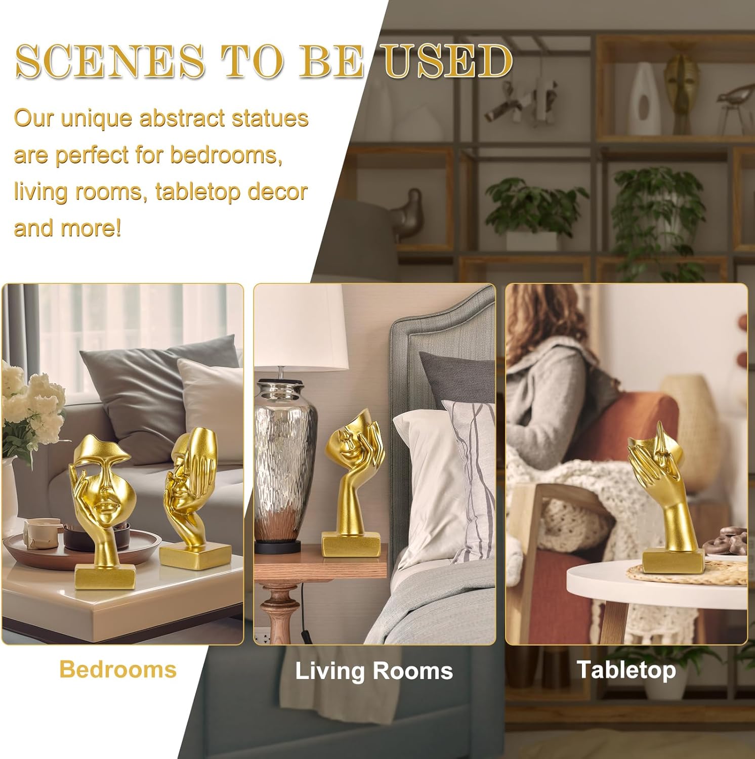 4 PCS Gold Thinker Statue Set – Abstract Sculptures Home Decor for Bookshelf, Office, TV Stand Knick Knacks – See No Evil, Hear No Evil, Speak No Evil Figurines, Unique Gift for Women - Image 7