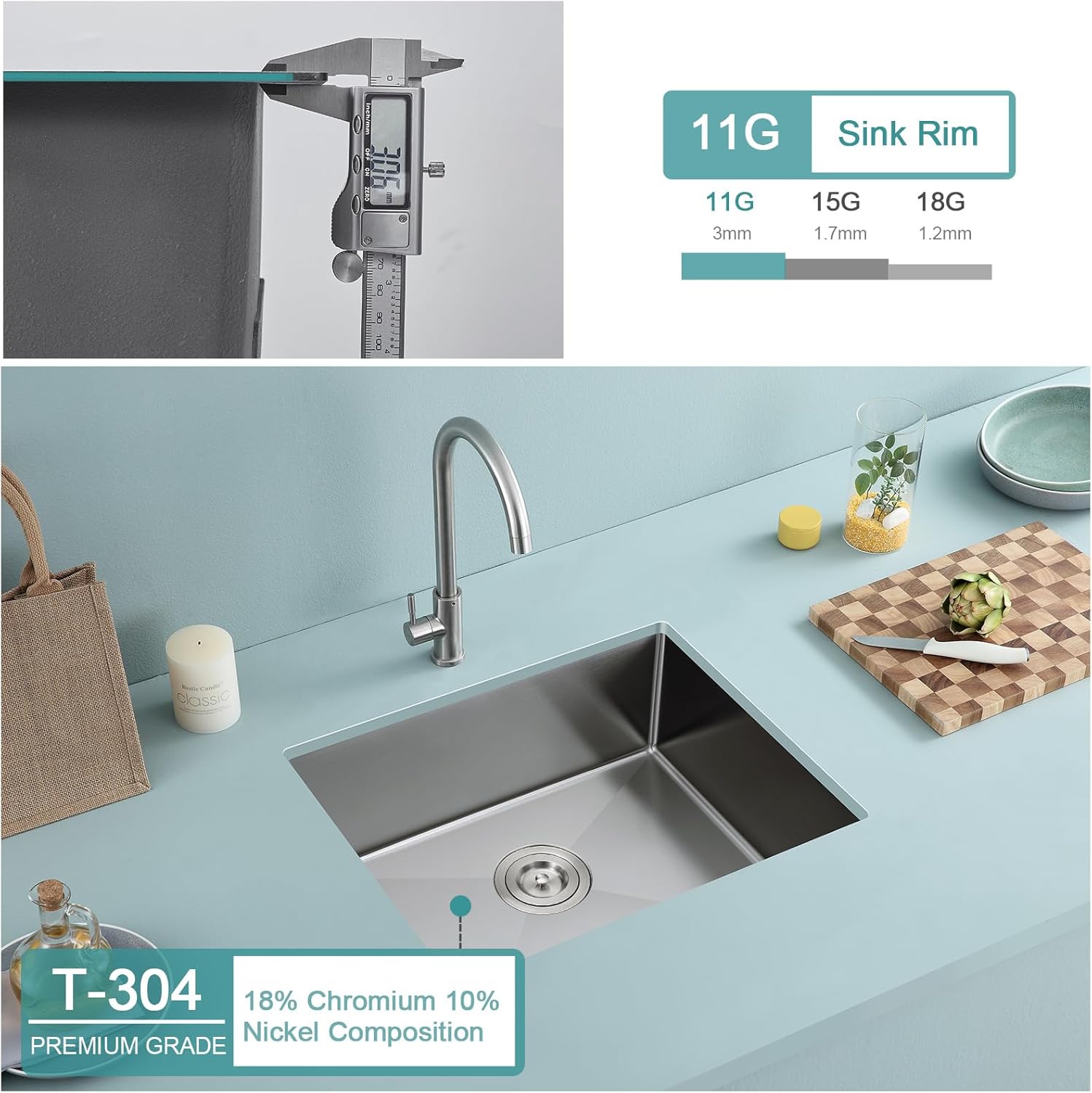 21 inch Bar Sink, KINKIB 21 x 18 x 9 inch Undermount Bar or Prep Kitchen Sink, Handmade Single Bowl T-304 Stainless Steel Small Kitchen Sink with Strainer