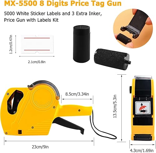 Miniatura 9 de MX-5500 Pistola de precio de 8 dígitos con 5000 etiquetas adhesivas blancas y 3 tintas adicionales, pistola de precios con kit de etiquetas, pistola