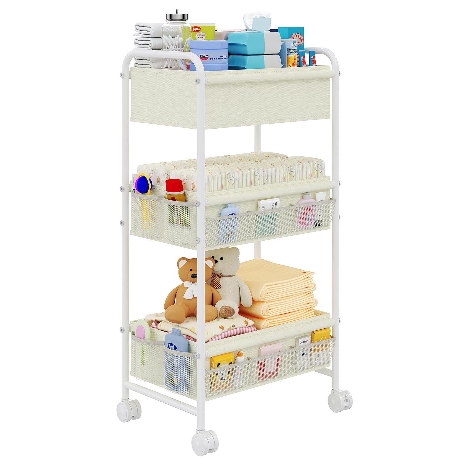 3-Tier Baby Diaper Caddy Cart Organizer,Mobile Nursery Storage Carts with Wheels,With 2 Dividers&amp;14 Mesh Pockets Durable Metal Utility Cart for Nursery, Bedroom, Bathroom, Baby Essentials Organization