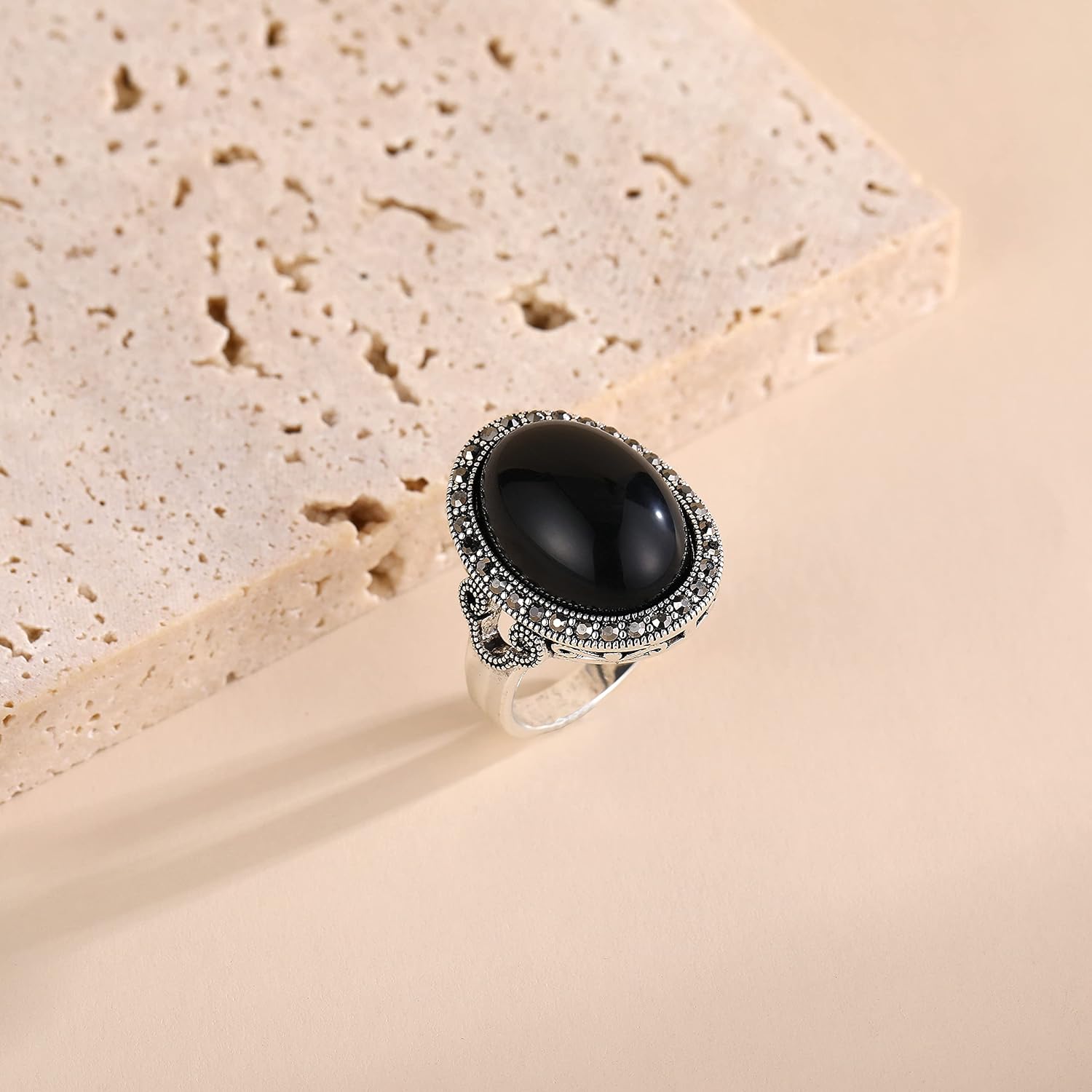 Mytys Retro Vintage Cocktail Statement Ring Black Marcasite & Crystal Rings for Women Antique Silver Big Black Onyx Stone Ring - Image 5