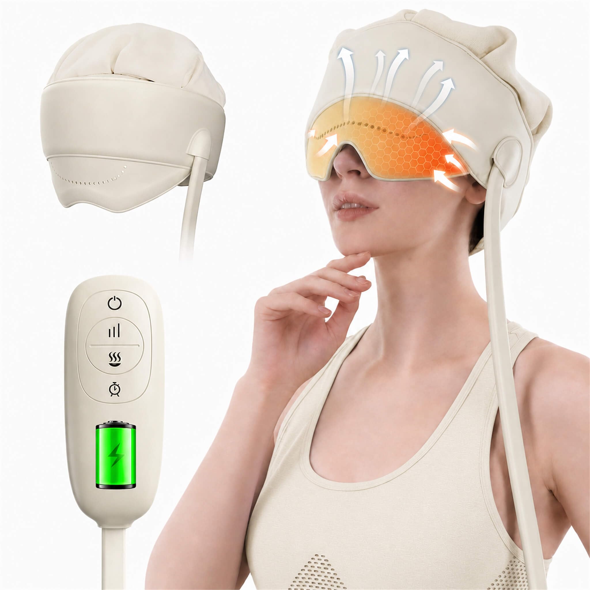 Massaggiatore per la testa con 6 zone di massaggio a pressione dell'aria e calore degli occhi, massaggiatore elettrico per testa e occhi, 4 modalità, 3 intensità, 3 livelli di calore, batteria e