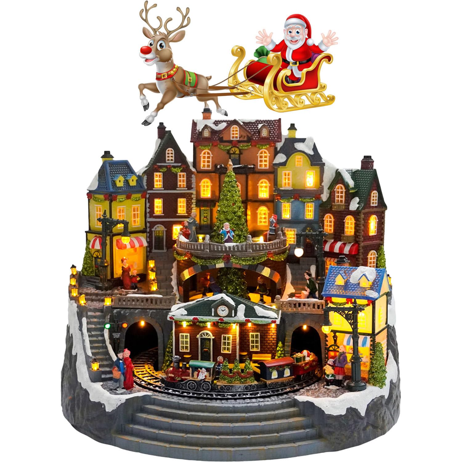 Edifici del Villaggio di Natale con Treno Girevole e Albero di Natale Girevole con luci LED Colorate e Musica Natalizia per Decorazioni da Tavolo per Le Feste di Natale al Chiuso