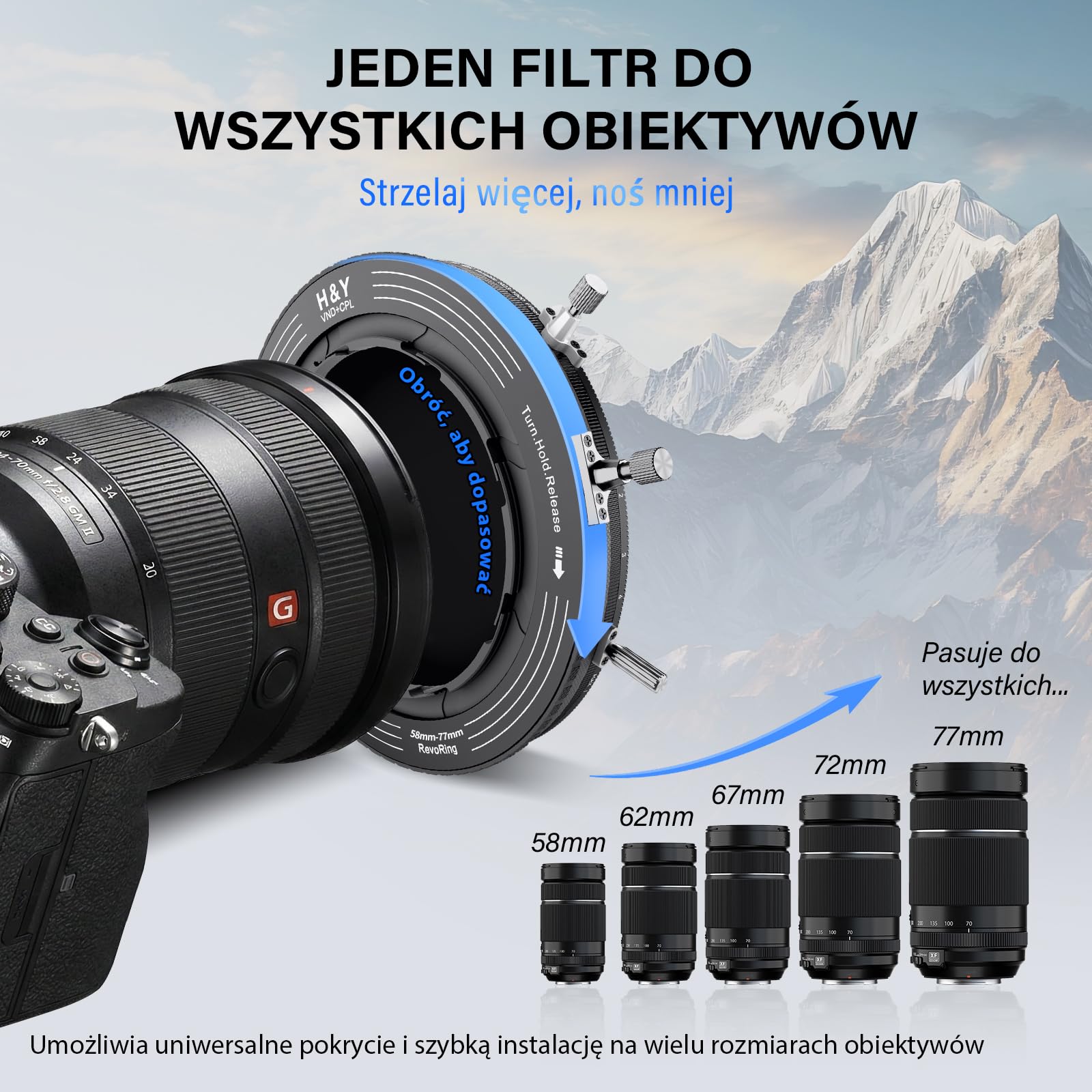 H&Y RevoRing MKⅡ 58 mm 62 mm 67 mm 72 mm 77 mm Filtr ND o zmiennej gęstości i polaryzator CPL, filtr obiektywu 3 w 1 VND (ND3-1000) z regulowanym pierścieniem adaptera, 22 wielowarstwowa powłoka nano