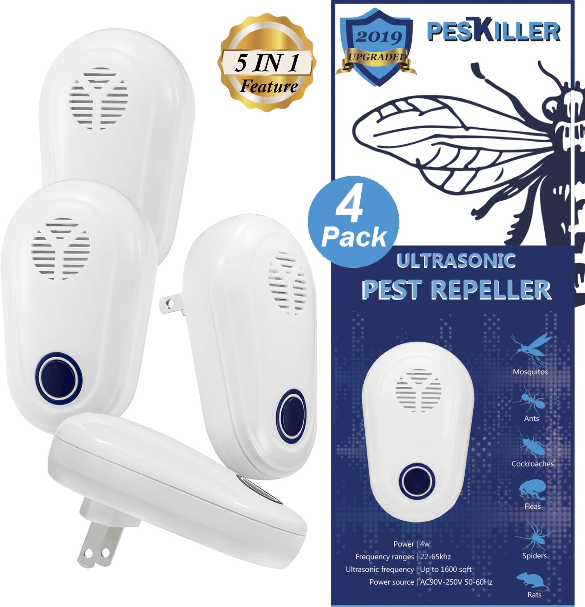 PestKiller 2019 Ultrasonic Pest Repeller Plug in 4 Pack with Night Light for Indoors - Electronic Pest Repellent Control for Mosquitoes, Bedbugs, Fleas, Rodents, Cockroaches, Ants – Human and Pet Safe