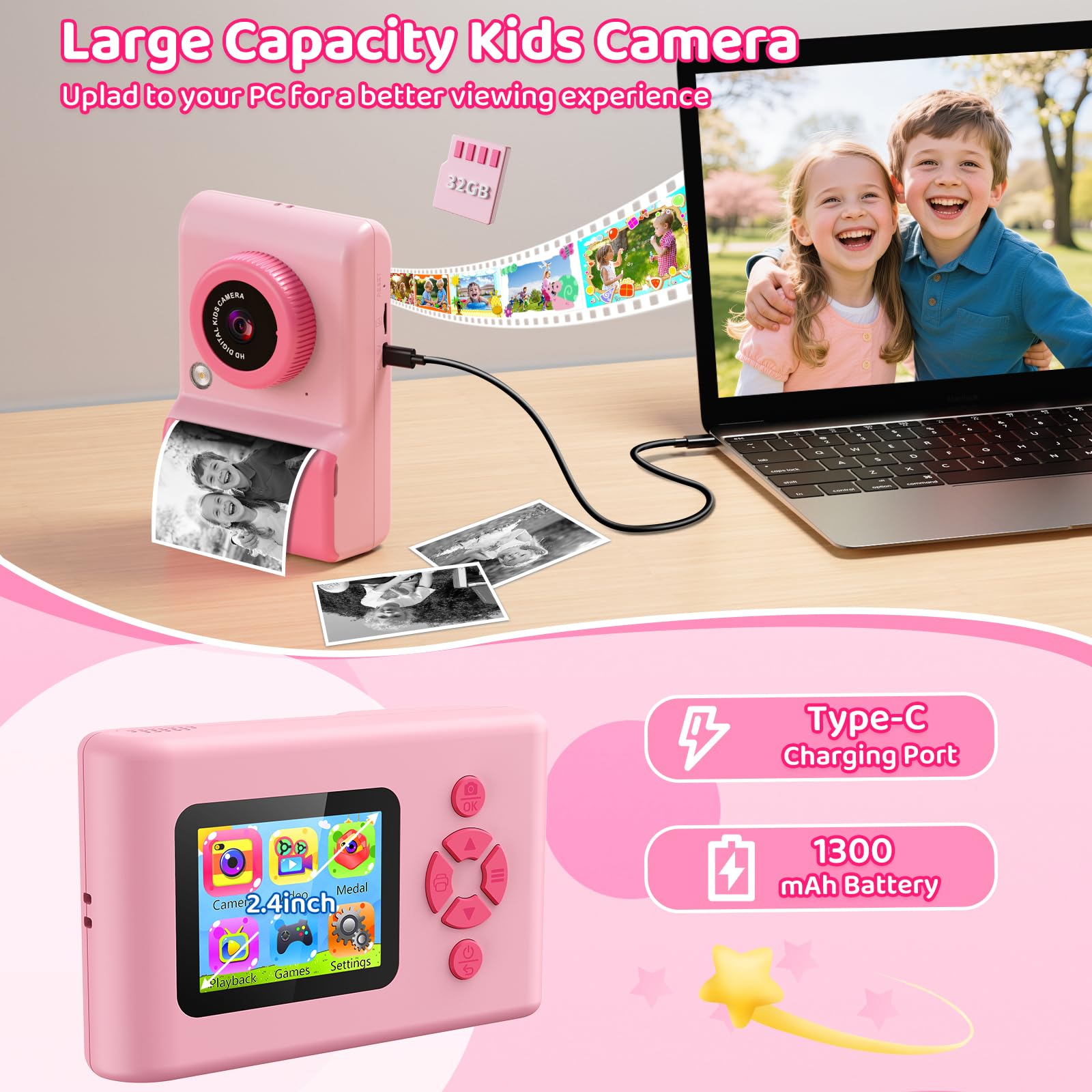 Ushining Cámara instantánea para niños, 1080P HD, cámara instantánea con tarjeta de 32 GB y papel de impresora, pantalla IPS de 2,4 pulgadas, cámara digital, regalos para niños/niñas de 3 a 12 años