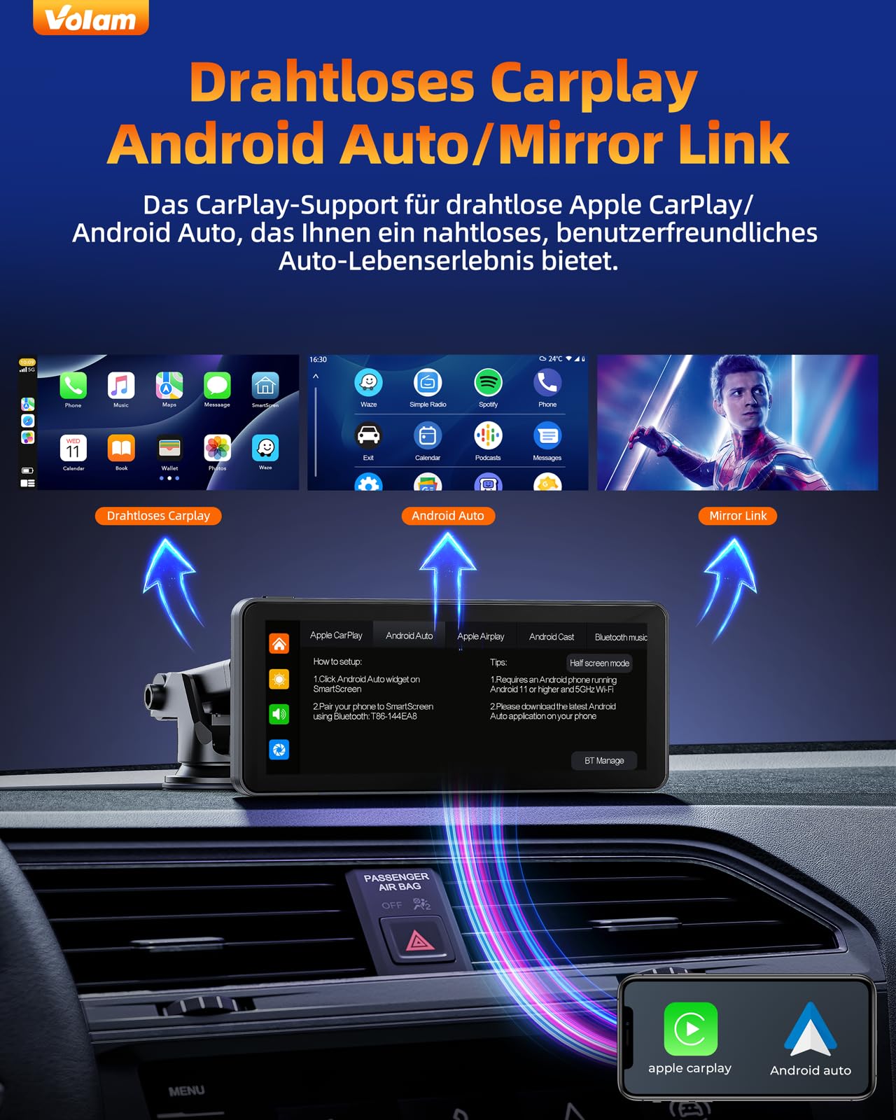 Volam Autoradio Wireless display Android auto di A-pple CarPlay,touchscreen IPS da 6,86'',fotocamera di backup 1080p,ricevitore digitale con Siri Goog-le Play/GPS Navigation/Bluetooth/MirrorLink Video