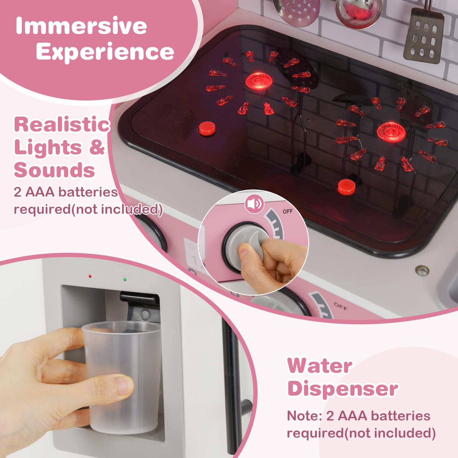 COSTWAY Kinderküche Aus Holz - Mit Licht, Sound & Zubehör Für Jungen & Mädchen Ab 3 Jahren