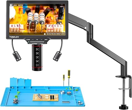 TOMLOV TM3K-AF Max 10.1" Digital Microscope with One-Touch Autofocus | PCB/Coin Inspection, Preset Focus, 2000X, 3K Video/38MP Photos, IPS HDMI Display, 360  Flex Arm, Dual LED, PC/TV Compatible