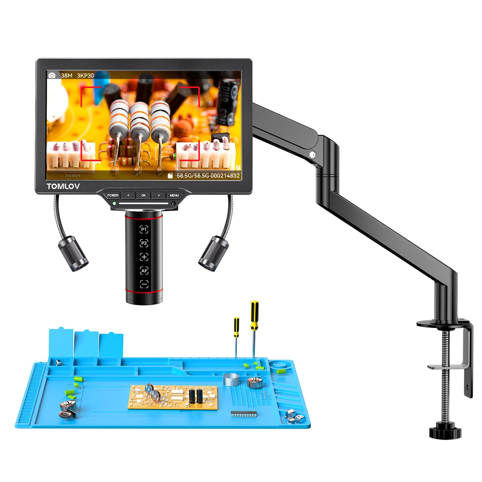 TOMLOV TM4K-AF Flex 4K 8" Digital Microscope with Autofocus, 52MP HDMI Professional Magnification 2000X for Coins, with Flexible Arm, Soldering Mat, Ring Light, Compatible PC/TV, 64GB — view 11