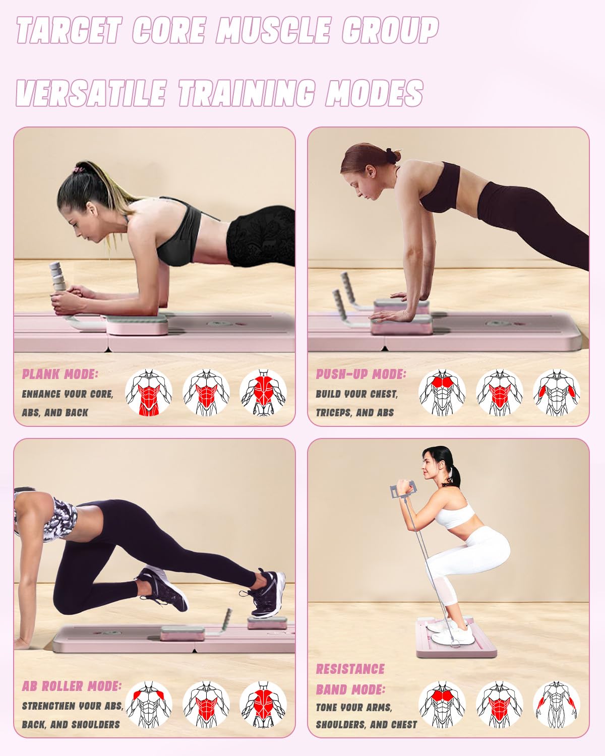 Planche Pilates Multifonction Pliable avec Rouleau Abdominal avec Support de coude,Support de Machine d'exercice Abdominal,Rebond Automatique et Corde de Tension pour Salle de Sport à Domicile