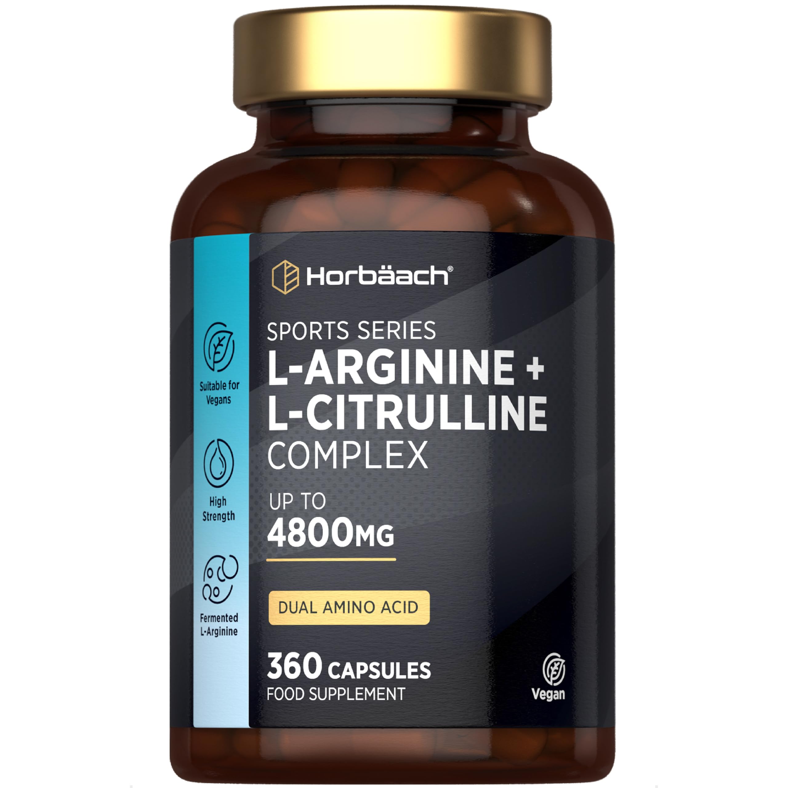 L-Arginina i L-Cytrulina 4800 mg w Kapsułkach | Wysoka Zawartość Aminokwasów | 360 Kapsułek | Dla Kobiet i Mężczyzn | 100% Wegański | marki Horbaach
