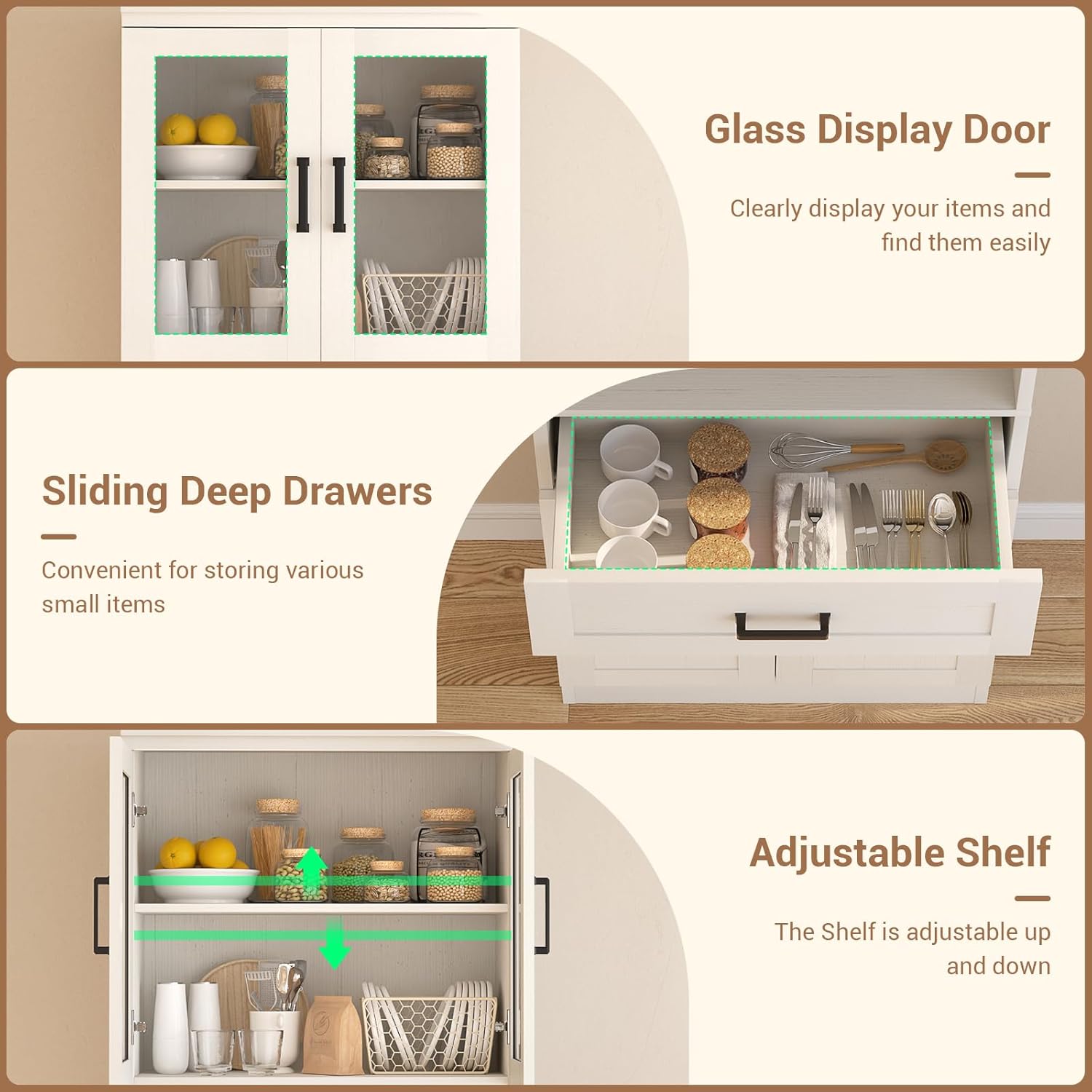 Unikito 79.7" Tall Kitchen Pantry Storage Cabinet, Freestanding Kitchen Hutch Cabinet with Glass Door, Adjustable Shelves and Drawer, Display Bookcase for Living Room, Dining Room, Bathroom, Black