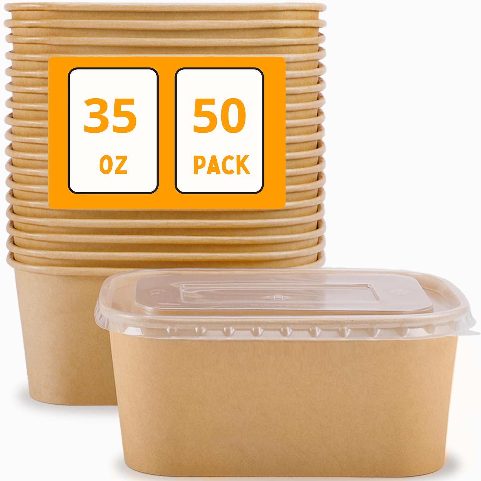 Gdotmely 50 Pack Paper Food Containers with Lids,35 oz Kraft Paper Bowls,Cardboard Meal Prep Containers with Lids for Salad,Snacks,Desserts,Hot/Cold Food,Rectangular Disposable Bowls