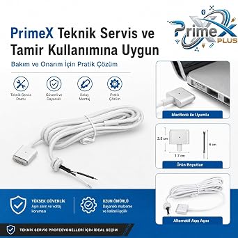 PrimeX PX-MAC2 MagSafe 2 Güç Adaptörü Kablosu, Apple MacBook A1425 A1435 A1465 A1502 Uyumlu, 5 Pin T Stili Manyetik Şarj Tamir Kablosu, 45W 60W 85W Adaptör İçin, 1.8 Metre