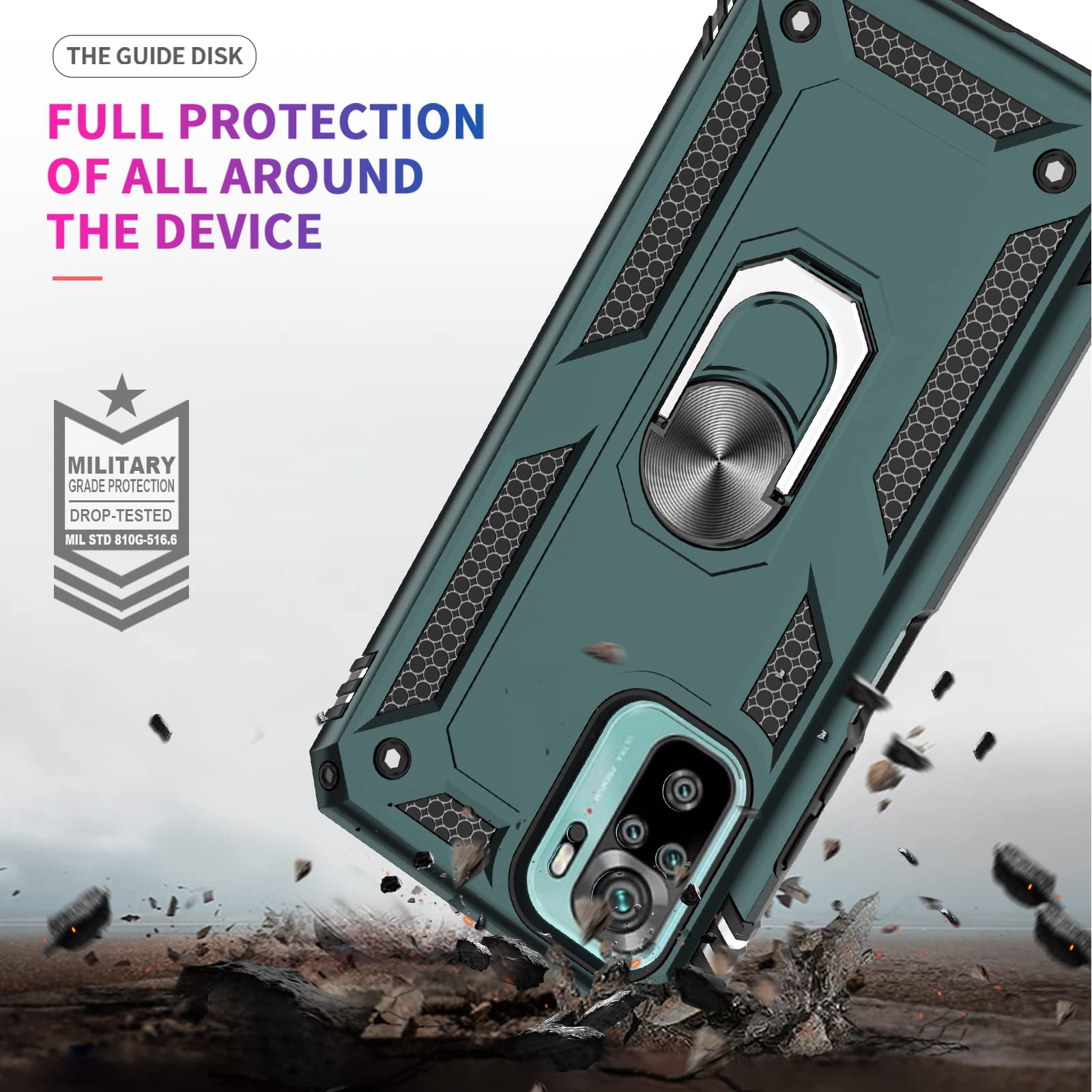 YSONCHAN Custodia per Redmi Note 10 4G / Note 10s/Poco M5s 4G, Cover Protettiva con Obiettivo Case Antiurto, con Anello Magnetico e Supporto, Custodia Bumper Robusta. Blu