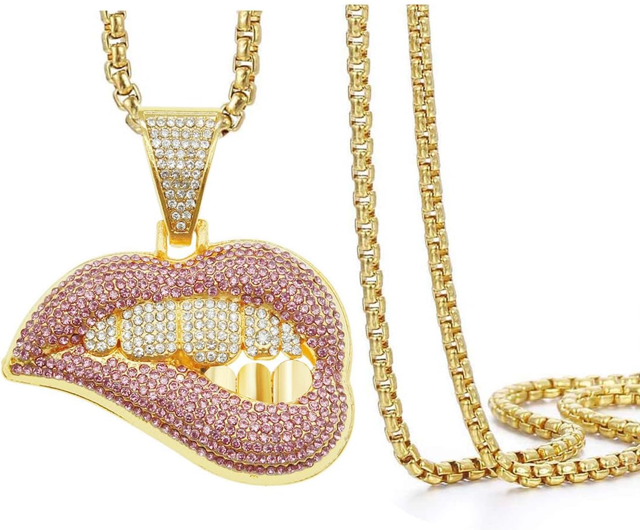 Chunky Bling Iced Out Cuban Link Chain Necklace Choker for Men Women,Large Sparkly Fake Diamond Chain Biting Lips Pendant,Miami Rhinestone Necklace Hip Hop Cool Punk Jewelry