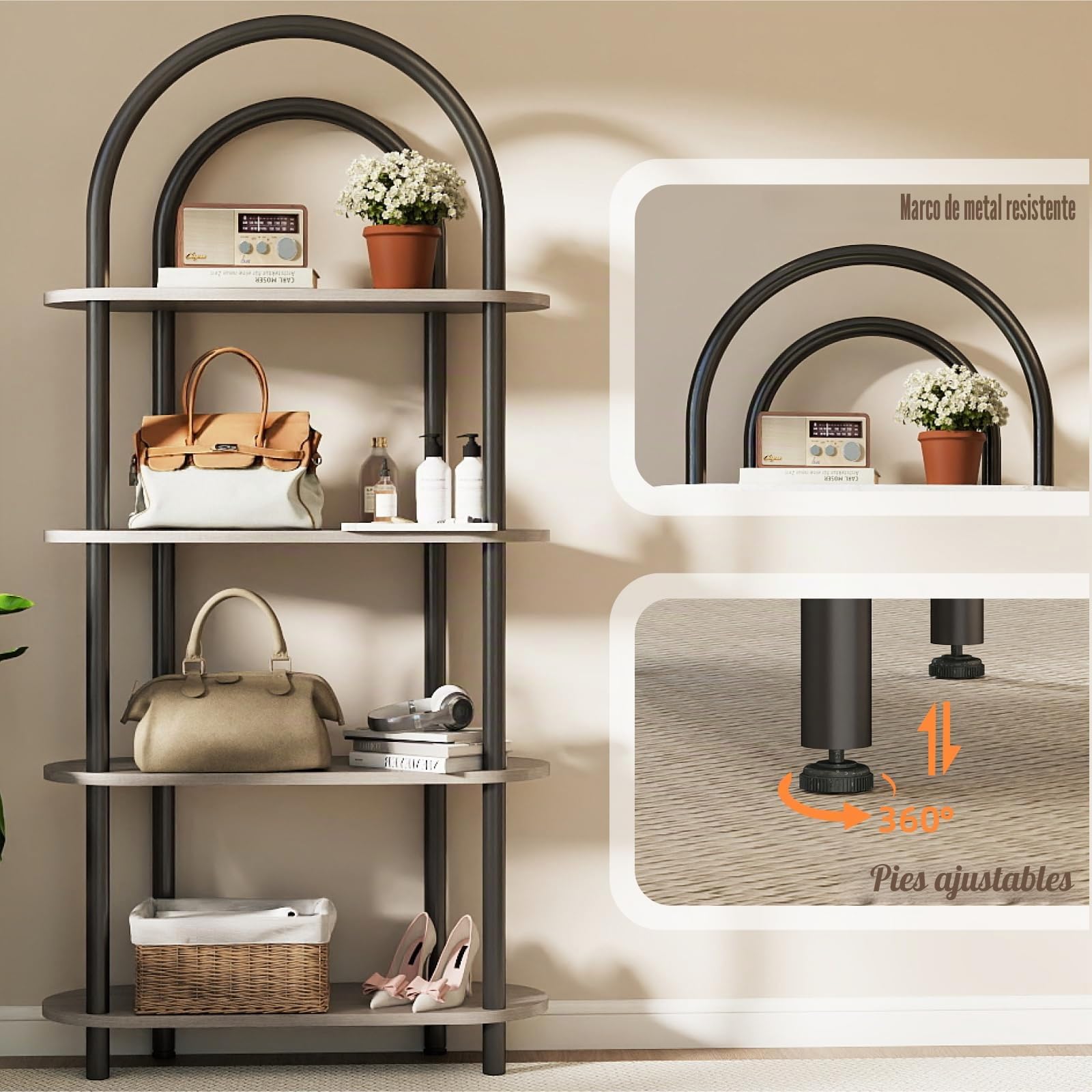 YOSHOOT Librería curva de 4 niveles con marco de metal y estantes de madera, 165,5 cm de alto, ideal para salón, estudio y oficina, 80 x 30 x 165,5 cm (roble gris)