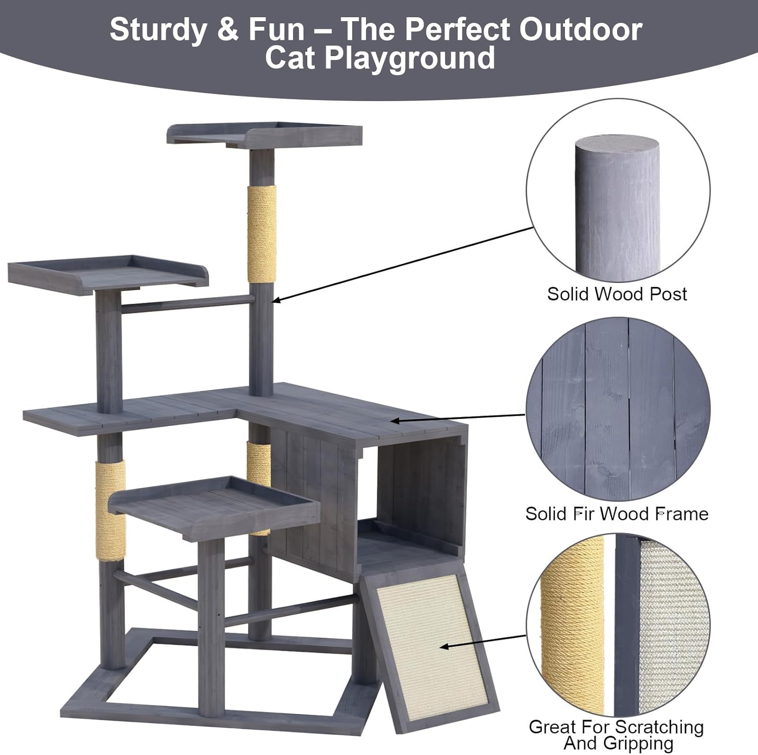 GDLF Outdoor Cat Tree, 67" Weatherproof Wood Cat Tree Tower for Large Cats with Condo and Scratching Posts, Perches