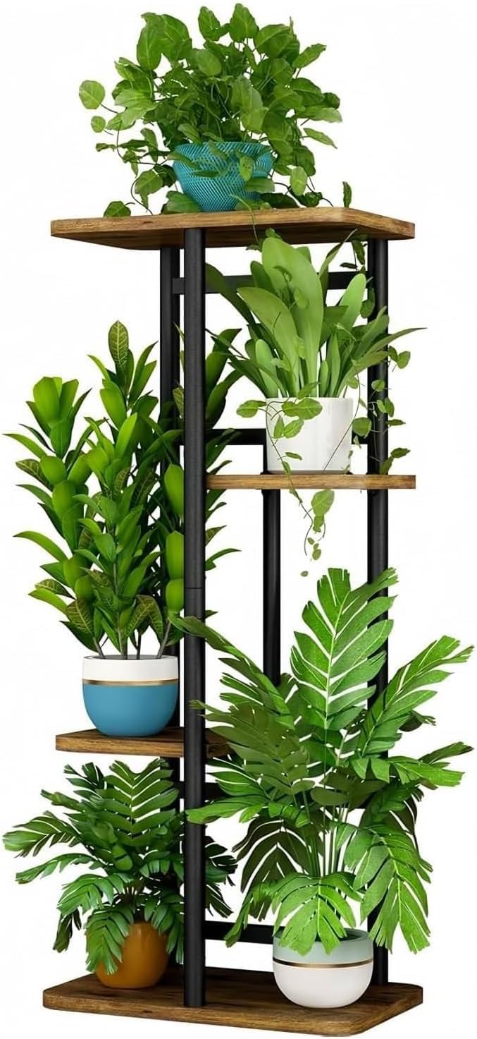 LINZINAR Plant Stand Indoor 4 Tier Metal Corner Tall Flower Shelf | Plant Rack for Multiple Plants, Tiered Flower Plant Holder for Patio, Garden, Balcony, Living Room, Bedroom Black
