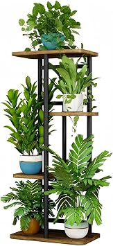 LINZINAR Plant Stand Indoor 4 Tier Metal Corner Tall Flower Shelf | Plant Rack for Multiple Plants, Tiered Flower Plant Holder for Patio, Garden, Balcony, Living Room, Bedroom Black