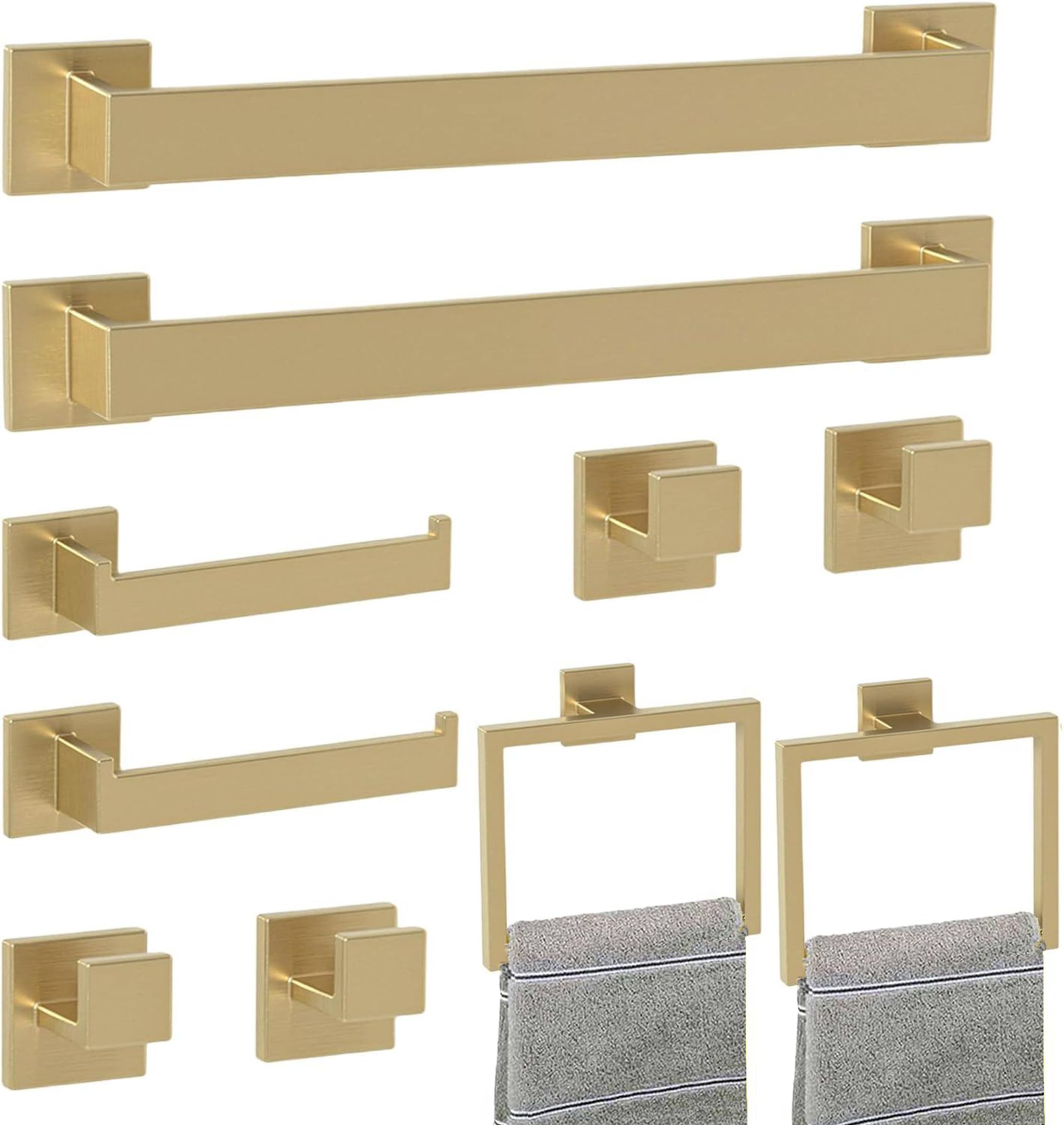 Juego de toallero de baño accesorio: 10 piezas de accesorios de baño dorados cuadrados de acero inoxidable SUS304 - Toallero montado en la pared y soporte de papel higiénico y anillo de toalla y