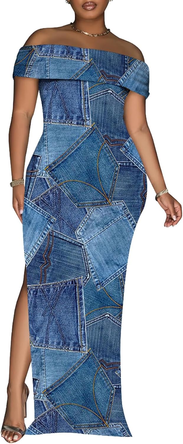 Yuopeid Women's Sexy Off Shoulder Bodycon Maxi Dresses Fashion Printed High Split Clubwear Party Long Dress - Image 2