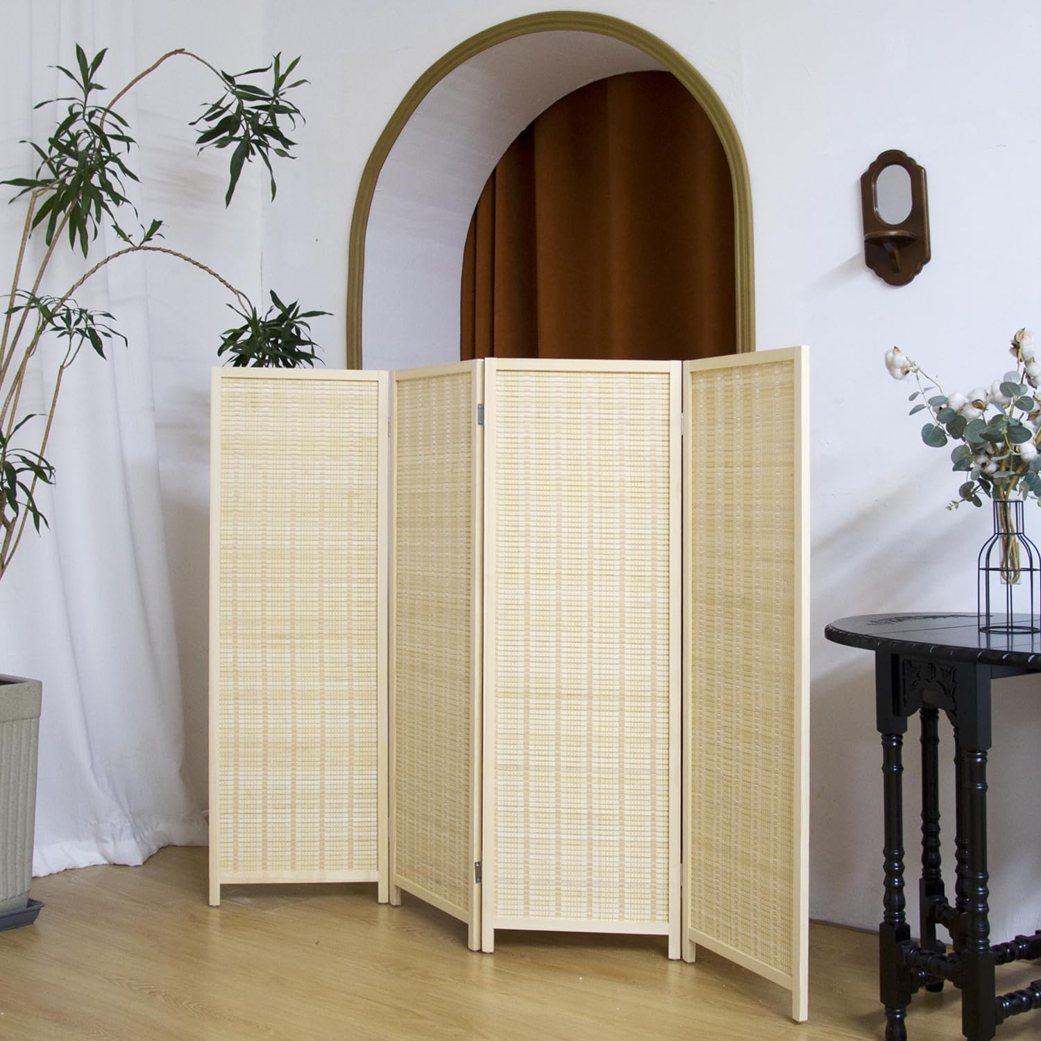 Divisor de 4 paneles cortos de bambú de 3.95 pies de alto, pantalla de privacidad plegable, divisor de panel corto, divisor de habitación independiente para separación de habitación, beige