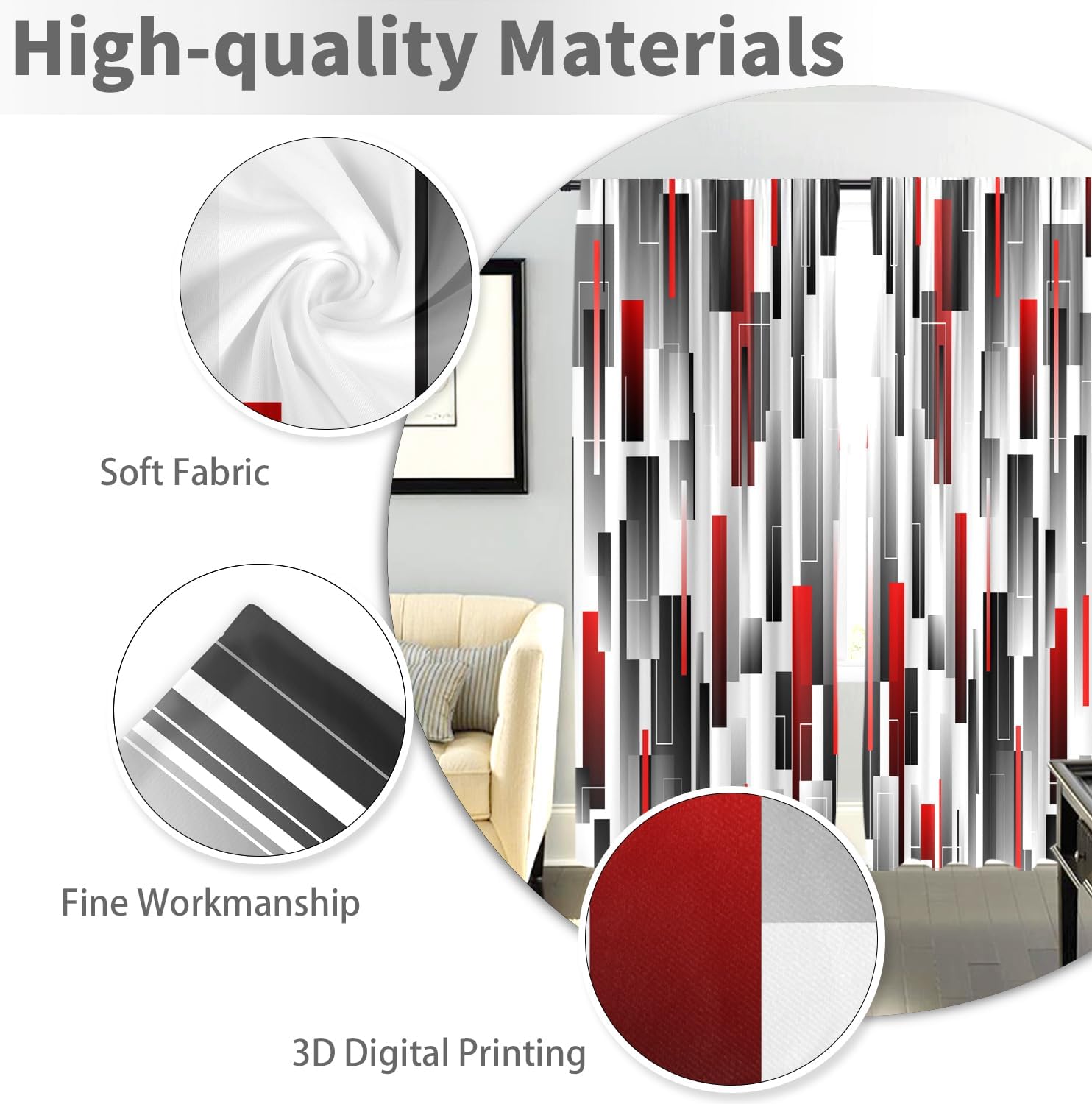 Red and Black Curtains Burgundy Grey White Ombre Abstract Modern Geometric Geometry Mens Cool 42W x 63L Inches Rod Pocket for Bedroom Living Dining Room Window Drapes Treatment Fabric 2 Panels