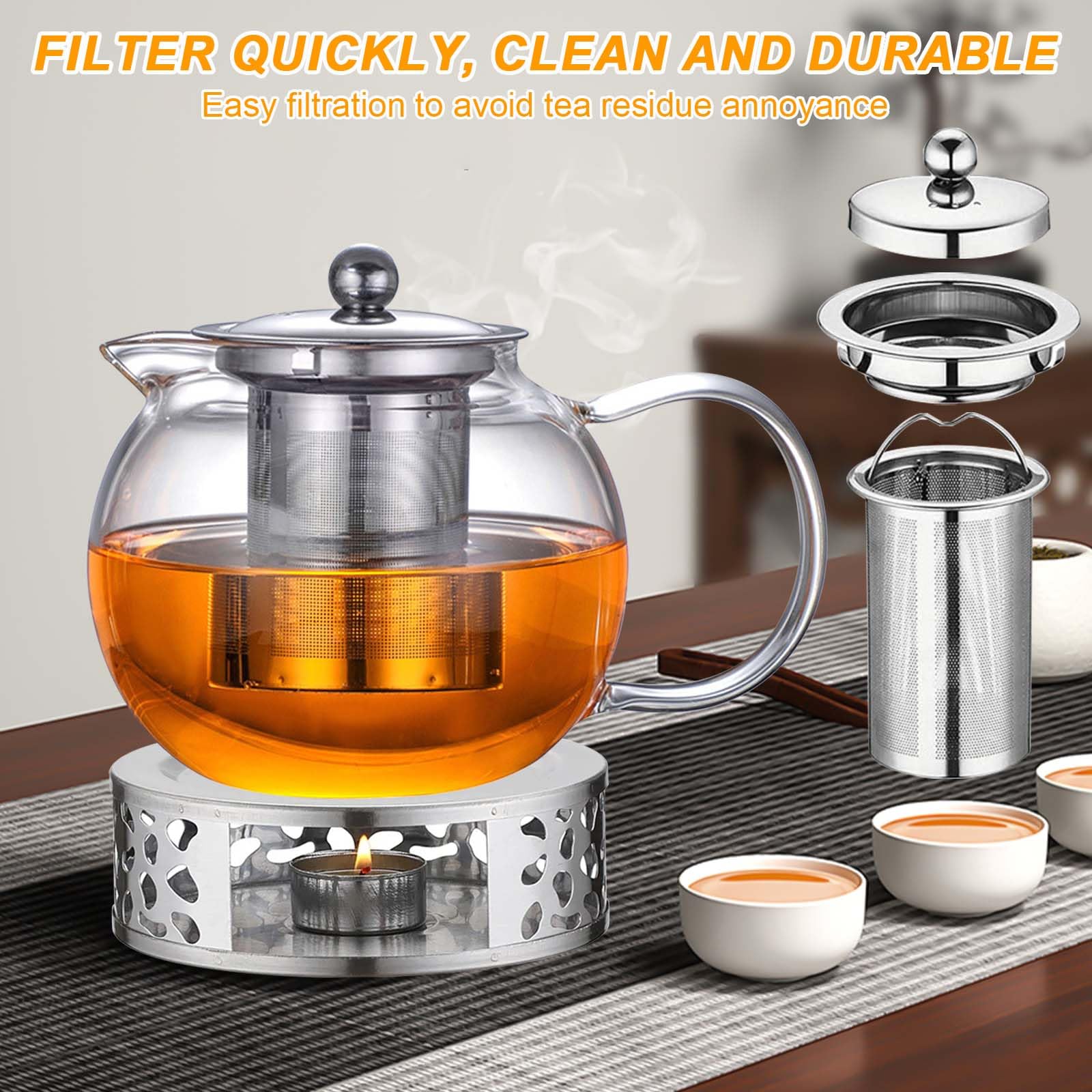 GBKDQQ 1.3L Teekanne mit Siebeinsatz und Deckel, Teekanne aus Glas Borosilikat, Glas Teebereiter mit Abnehmbare Siebeinsatz & Stövchen, Glasteekanne für Losen Tees Fruchttee Duftender Tee