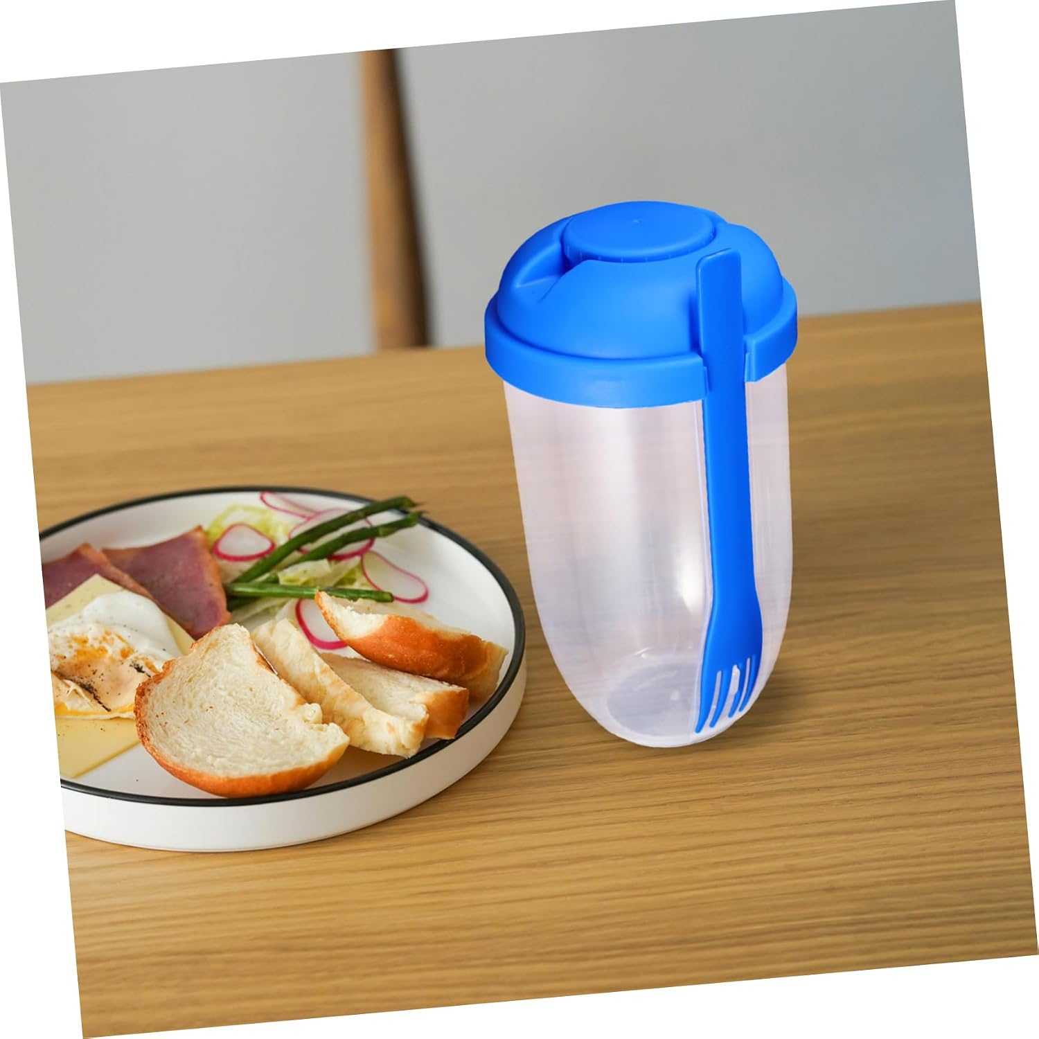 Portable Salad Shaker Cup with Fork, Leakproof Blue Plastic Lunch Container