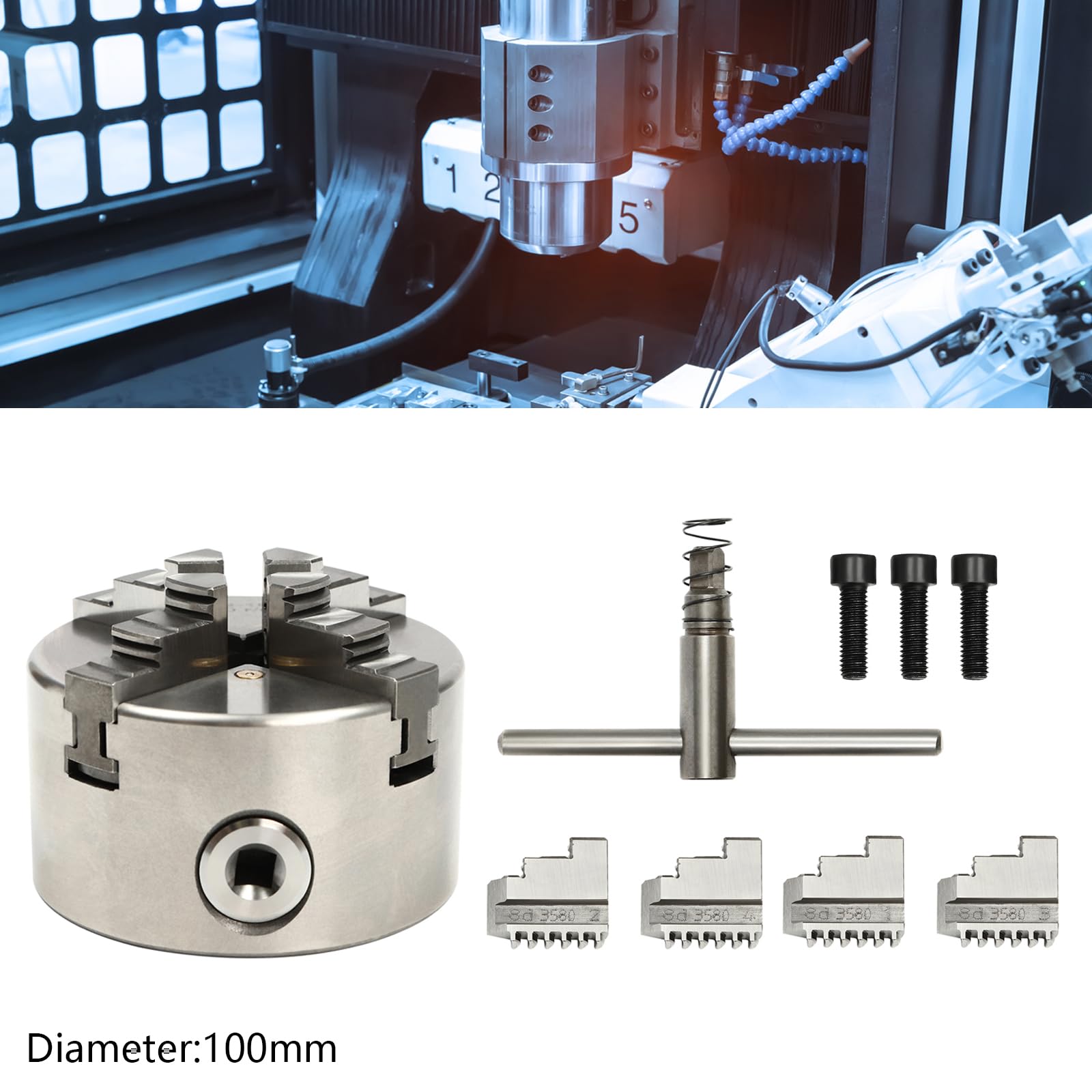 100MM 4 Backen Drehfutter, HT300 Silber Spannbereich 3–9CM Hochpräzisionsverstellbar Drehfutter Backenfutter mit T-Schlüsselschrauben für Drehmaschinen Holz Metall Werkzeugmaschinen