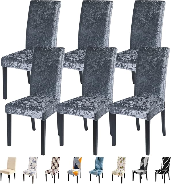SearchI Chair Covers for Dining Room,Crushed Velvet Chair Slipcovers Removable Washable Elastic Chair Slipcover for Dining Room Living Room Home Decor(Grey,6 Per Set)