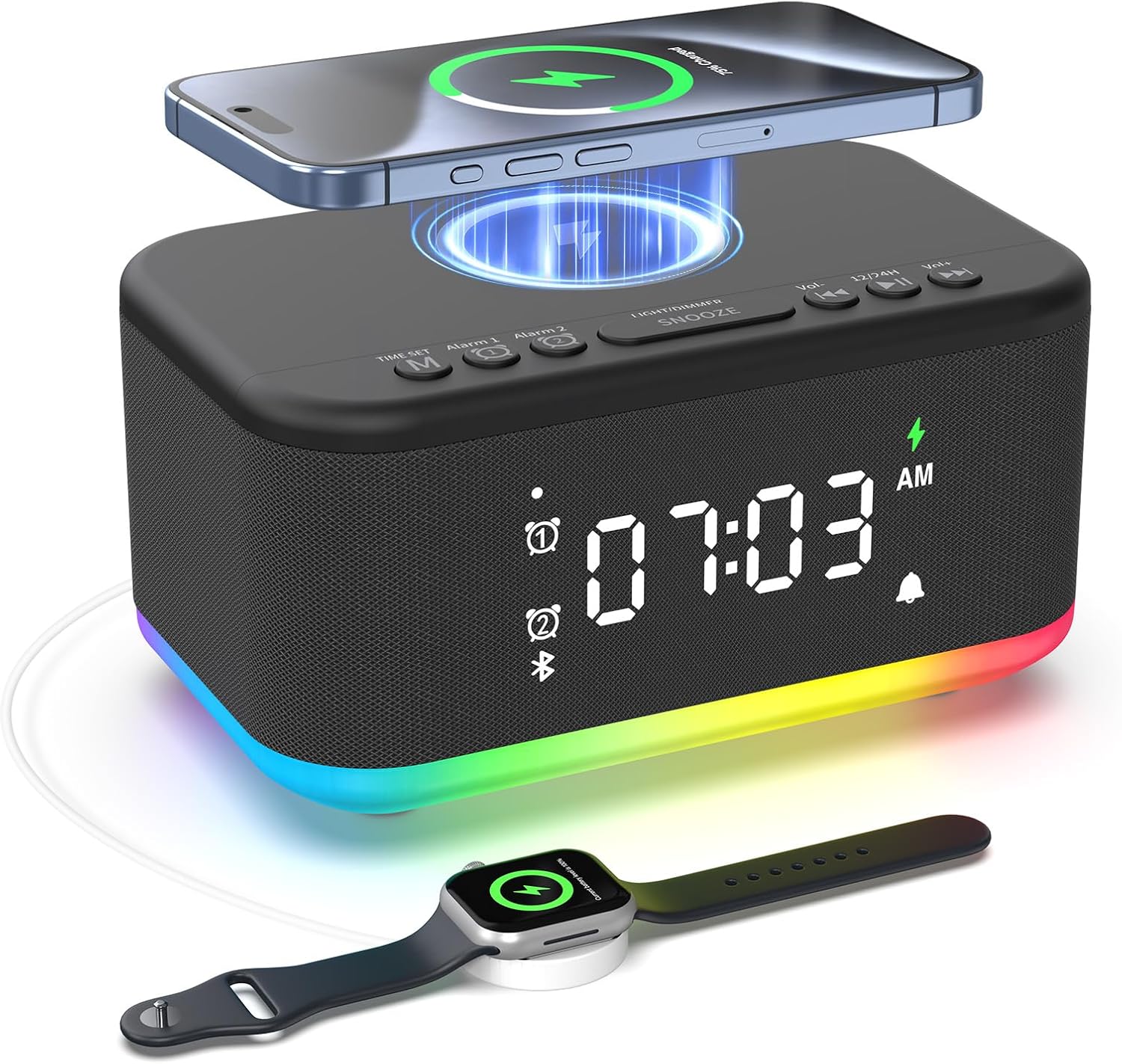 Wireless Charging Alarm Clock Bedroom, Digital Alarm Clocks Bedrooms Bluetooth, Loud Bluetooth Speaker Alarm Clock Night Light Dual Alarm Snooze 12/24H Dimmer Bluetooth AUX USB Charging, Black