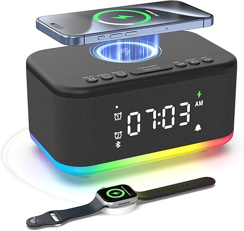 Reloj despertador con altavoz, cargador inalámbrico, despertador digital, para dormitorios, Bluetooth, reloj despertador, luz regulable, para