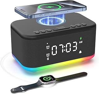 Alarm Clock Speaker Wireless Charger, Digital Alarm Clocks Bedrooms Bluetooth, Alarm Clock Dimmable Light Bedrooms Bluetooth Speaker Dual Alarm Snooze 12/24H Dimmer Support USB AUX, Black