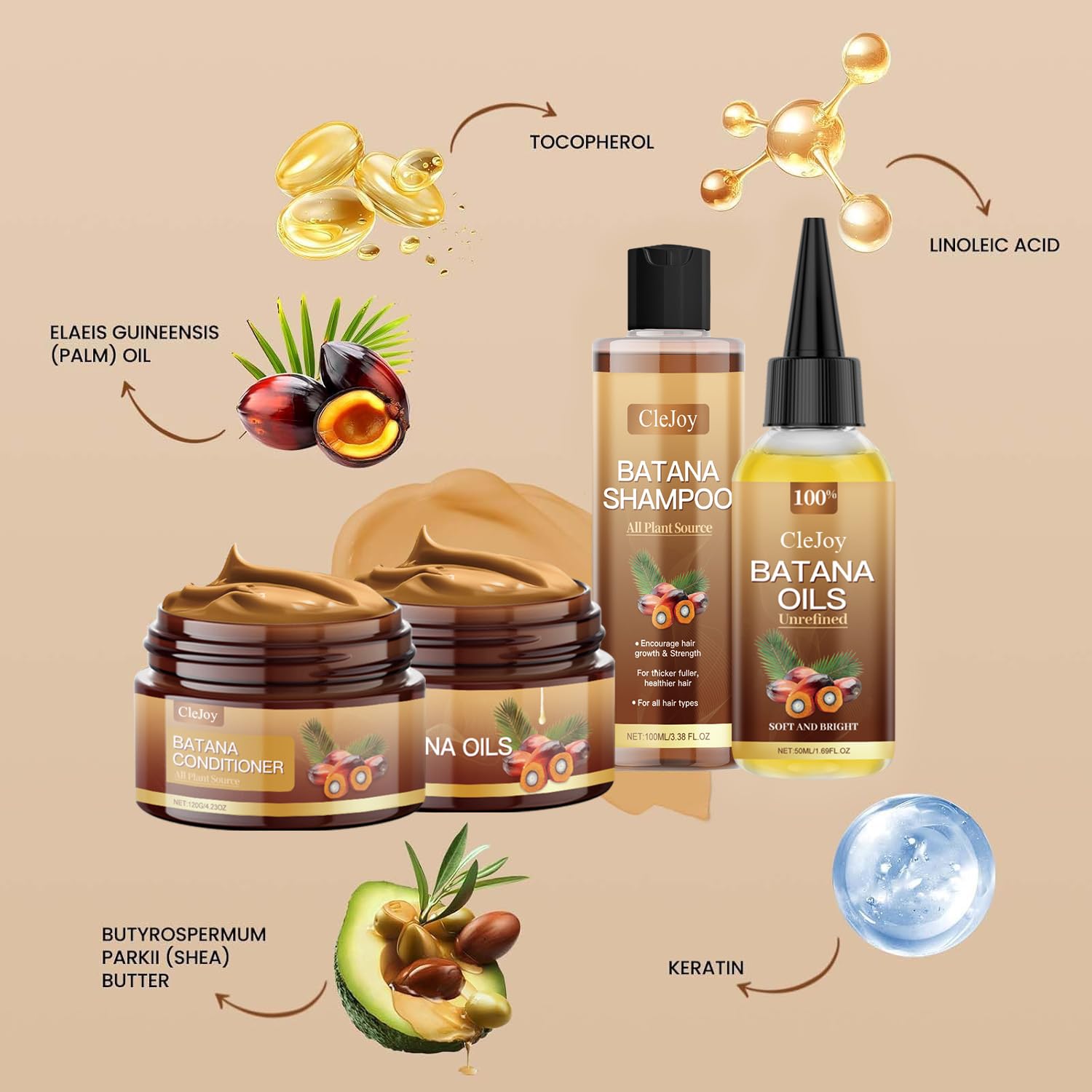 Botanic Batana Oil Shampoo and Conditioner Set – Unrefined Batana Hair Mask & Growth Oil, Natural Repair for Thinning Hair, Curly & Damaged Hair Care Set for Men & Women