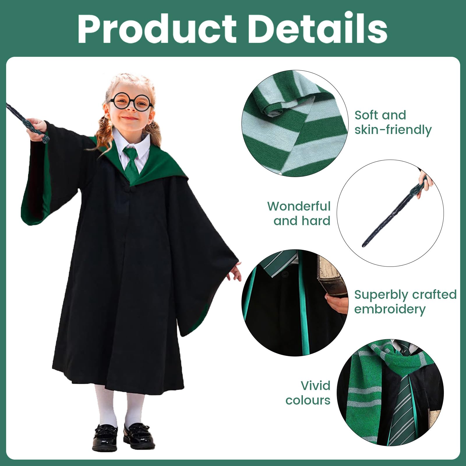 yumcute Wizard Costume Kids Cosplay Set, Magic Robe Outfits with Wand,Scarf,Tie Accessories - Image 3