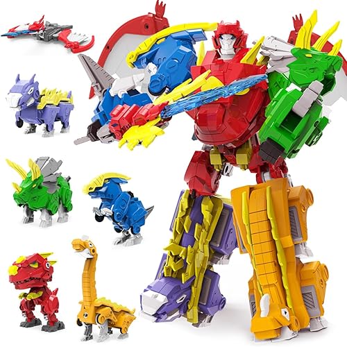 Wenbeier Juguetes de robot dinosaurio 6-en-1, juguetes de robot transformables, juguetes para desmontar que incluyen 6 figuras de acción de